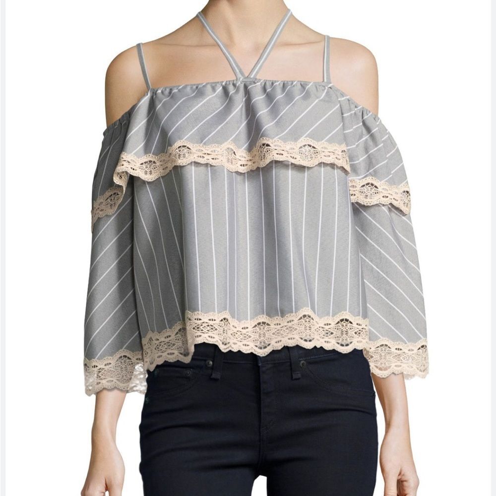 Jonathan Simkhai Bold Stripe Poplin Off-the-Shoulder Blouse Gray Size XS